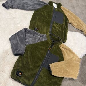 Zara Kids Fleece Zip Jackets - Green, Gray, and Tan.